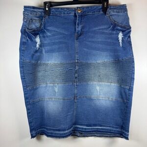 Be-Girl Distressed Moto Denim Pencil Skirt 3XL Blue Ribbed Raw Hem